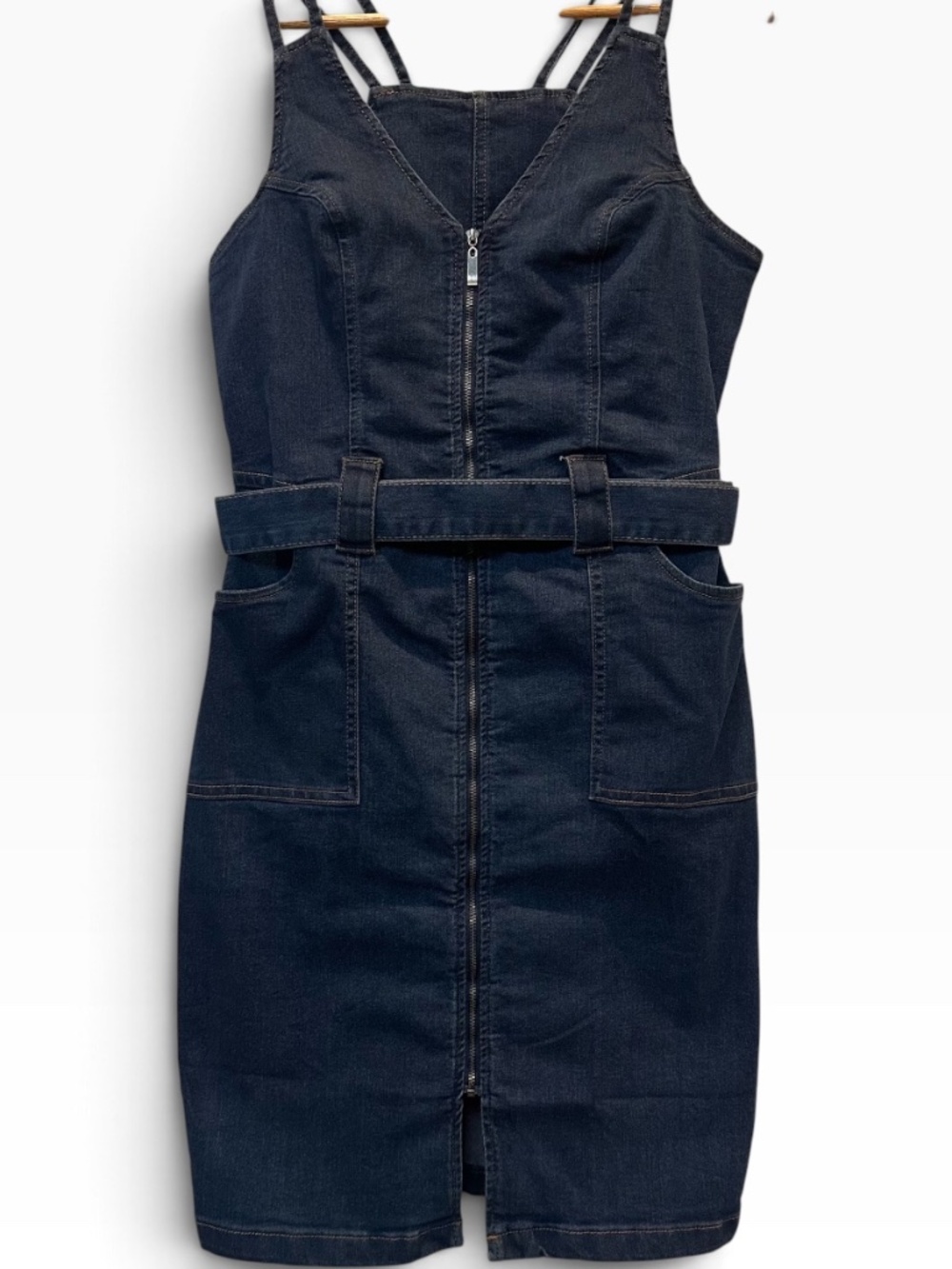 VENUS Denim Zip Front Strappy Sheath Mini Dress Belted Navy Blue NWOT | Size 8